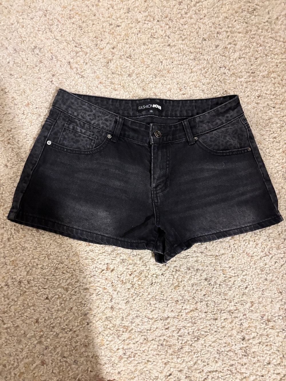 Fashion Nova Black Denim Shorts with Leopard-Print Trim